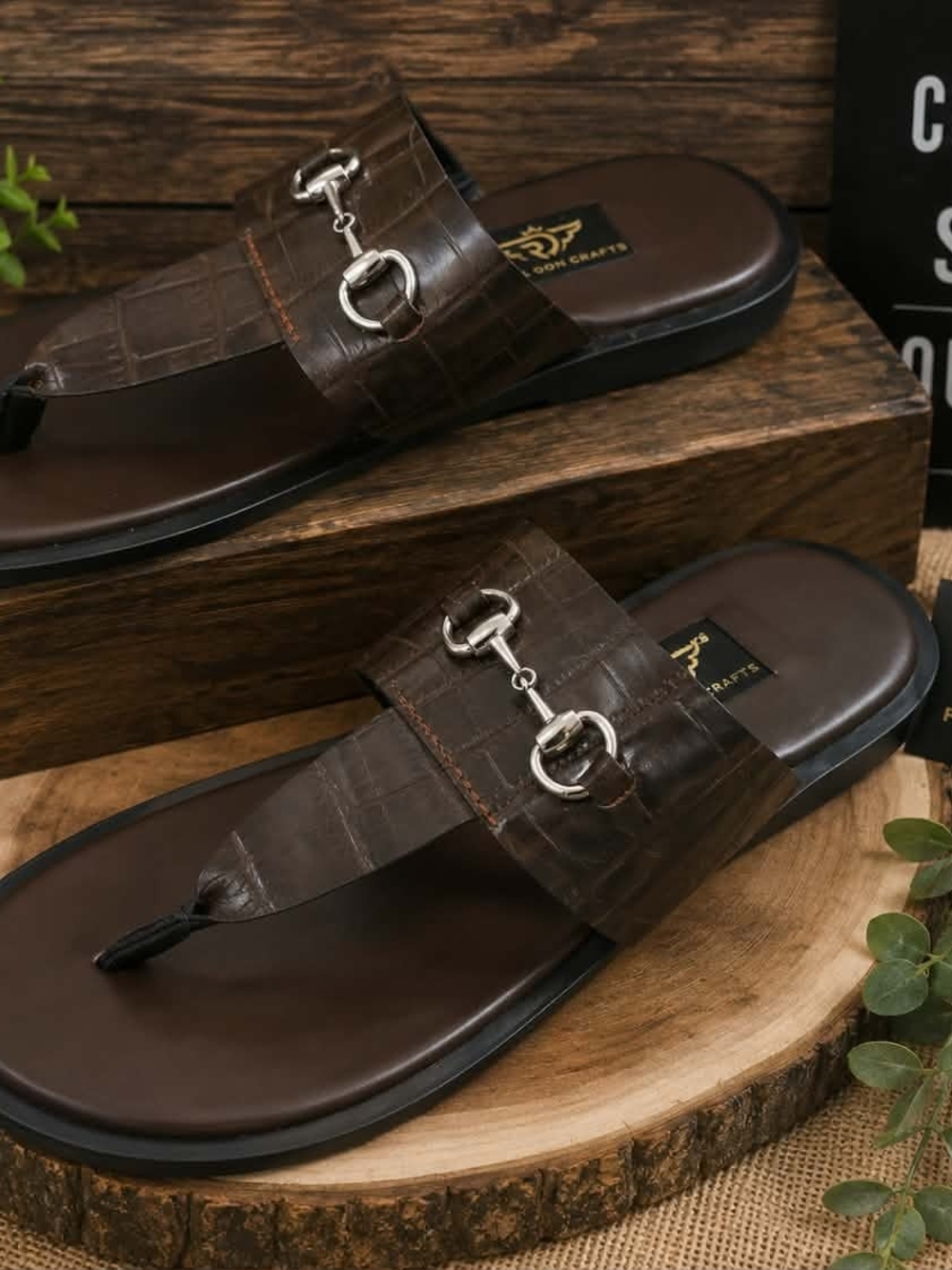 Men's Brown Leather Toe-Post Sandals with Metallic Bit Detail